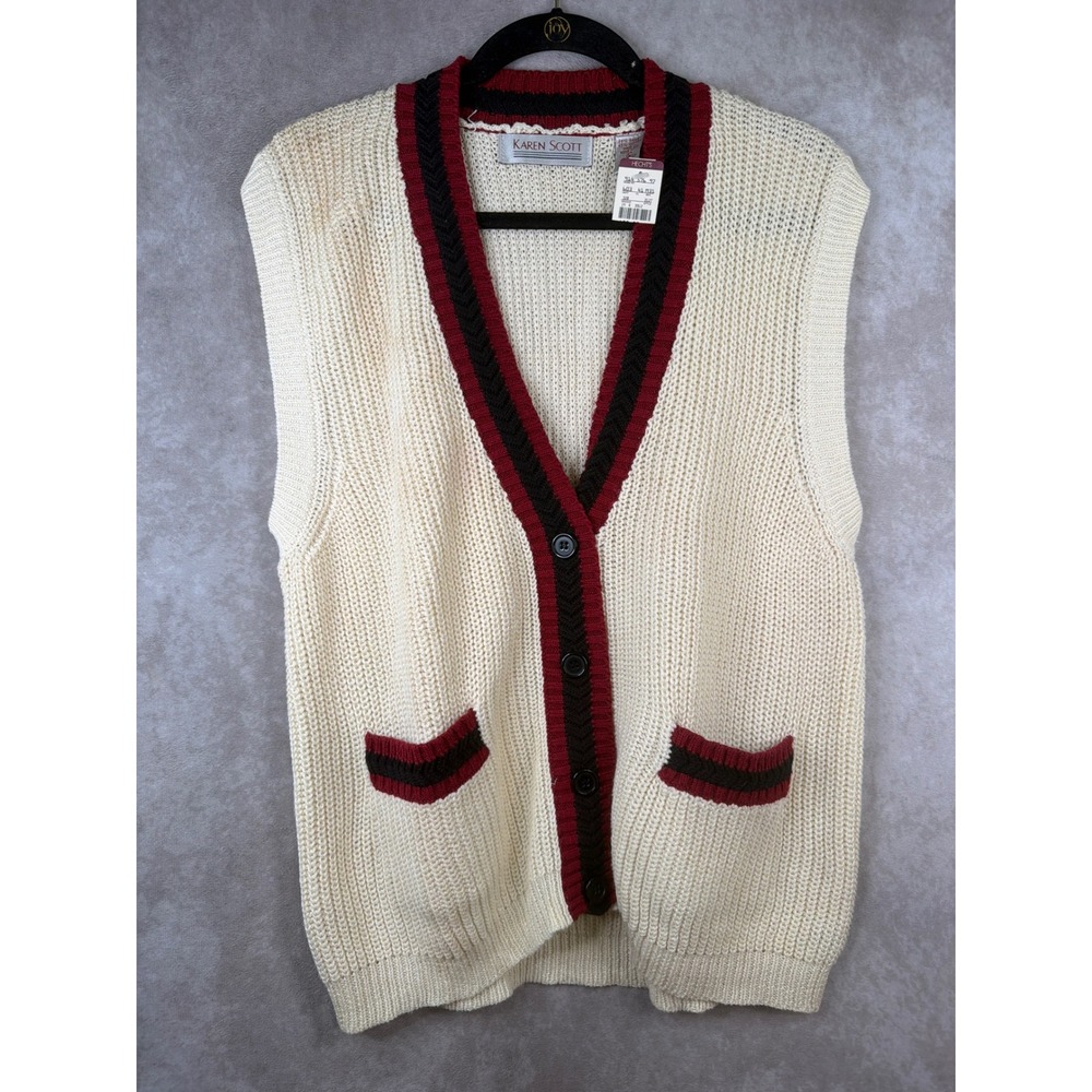 NWT VTG Karen Scott Sweater Vest Womens Large Cream Contrast Trim Preppy Read